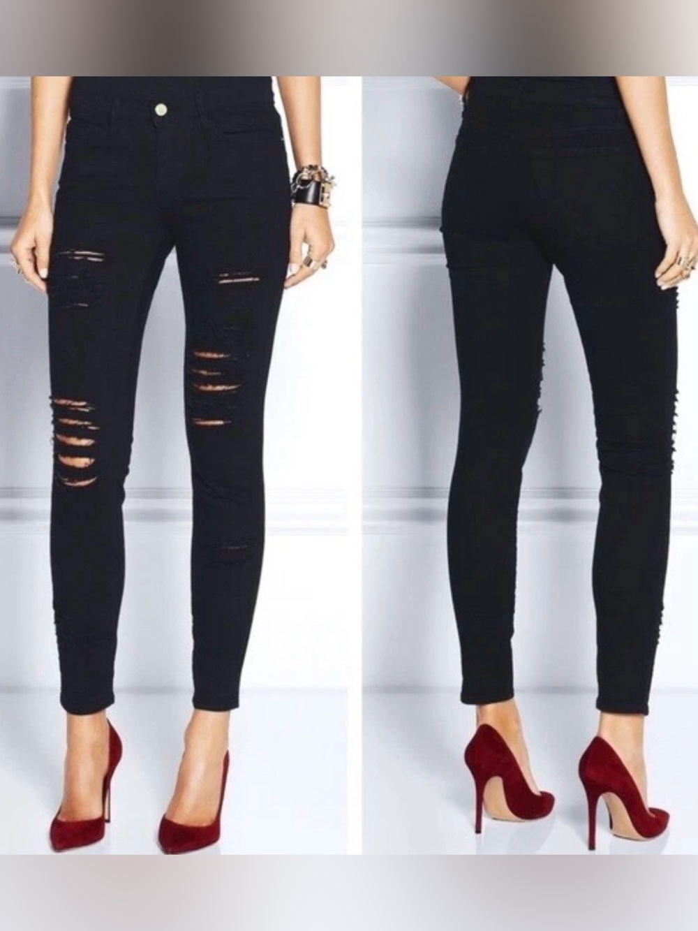 FRAME DENIM LE SKINNY DE  JEANNE SIZE 26 DESTROYED SUPER STRETCH JEANS BLACK